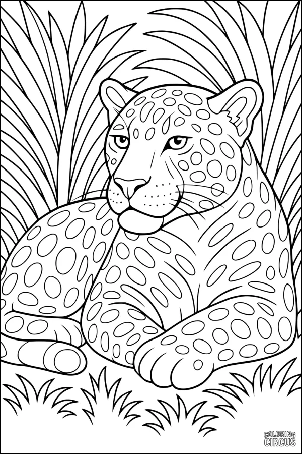 Coloring page of a jaguar with spotted fur lounging in grass and plants