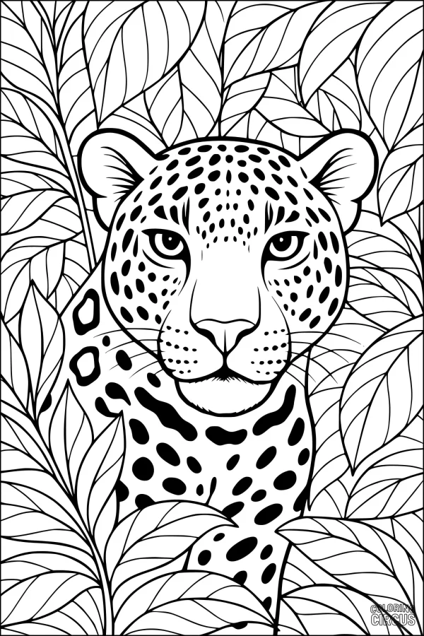 Coloring page featuring a jaguar surrounded by large leafy plants in a jungle setting
