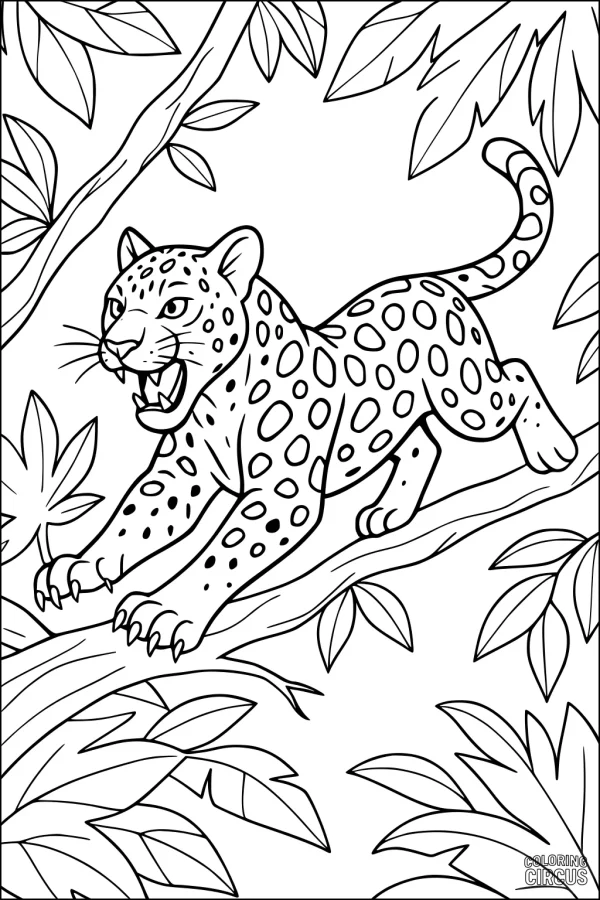 Coloring page of a jaguar leaping through a jungle with leaves and trees