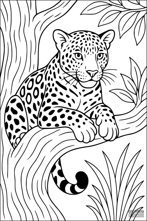 Coloring page of a jaguar with spots lounging in a jungle tree, surrounded by leaves and plants.