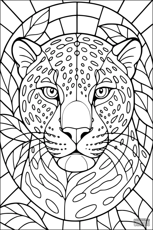 Coloring page featuring a detailed jaguar face surrounded by jungle leaves and rays for kids and adults