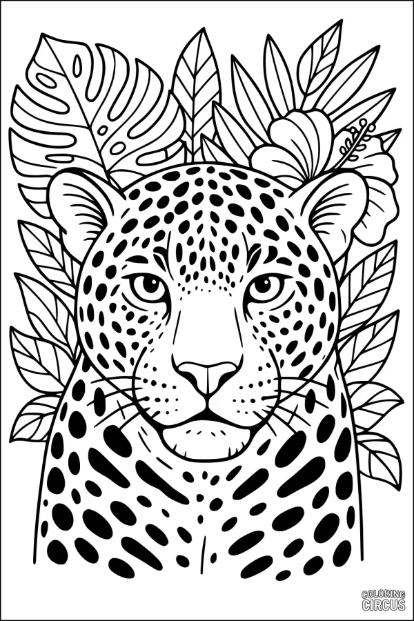 Coloring page of a jaguar’s face surrounded by jungle leaves and flowers