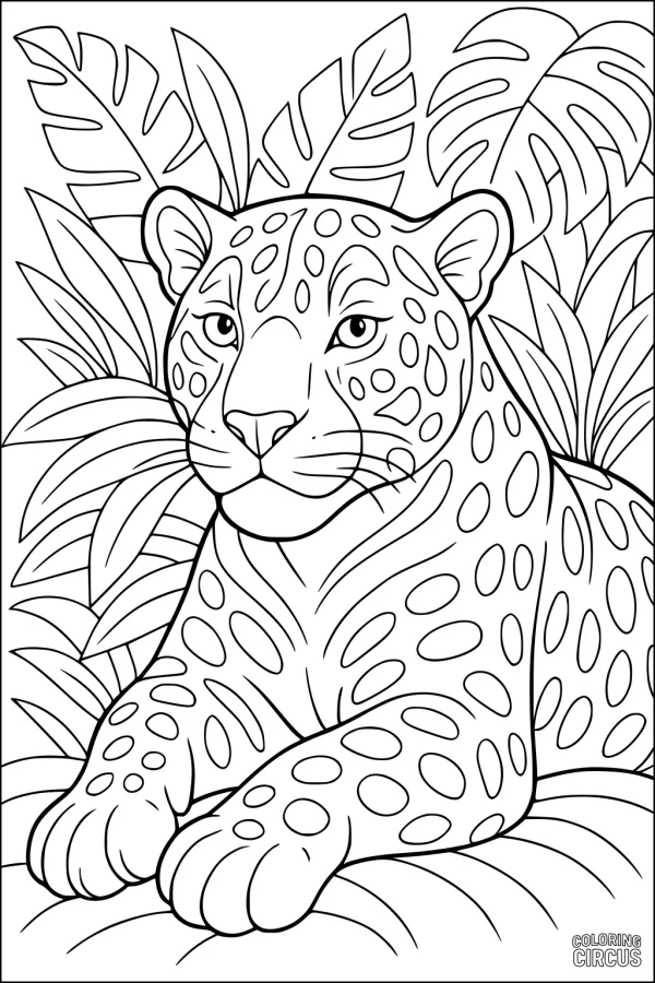 Coloring page of a jaguar lounging in rainforest plants, detailed leaves and big cat spots visible