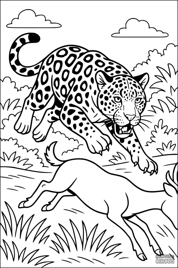 Coloring page featuring a jaguar with black spots chasing a deer through grassy jungle scenery