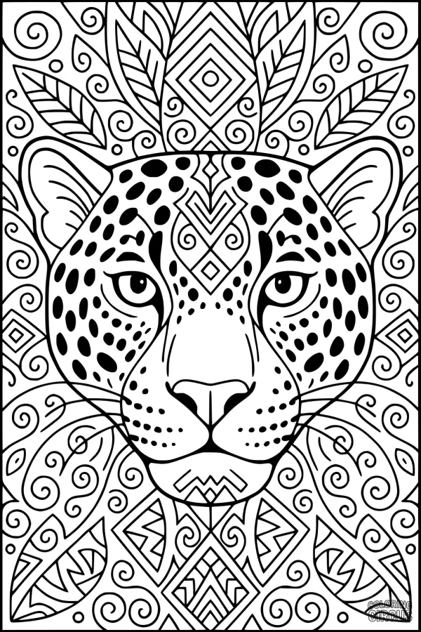 Coloring page of patterned jaguar face surrounded by jungle mandala designs