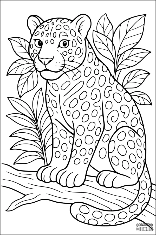 Coloring page of a friendly jaguar sitting on a tree branch surrounded by large jungle leaves