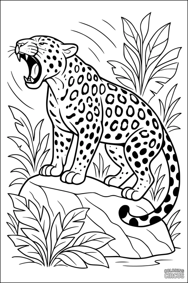 Coloring page featuring a roaring jaguar standing on a rock surrounded by jungle plants