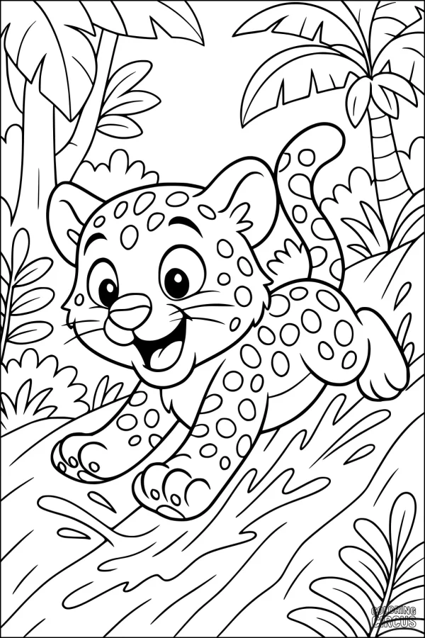 Coloring page of a smiling cartoon jaguar cub splashing through a jungle stream with trees and plants