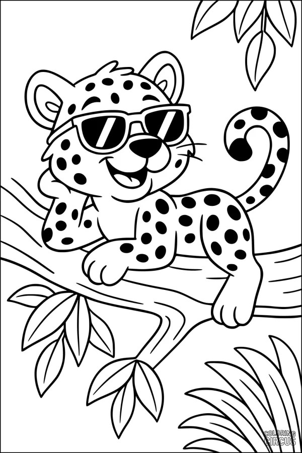 Coloring page featuring a cartoon jaguar with sunglasses, relaxing on a tree branch surrounded by leaves
