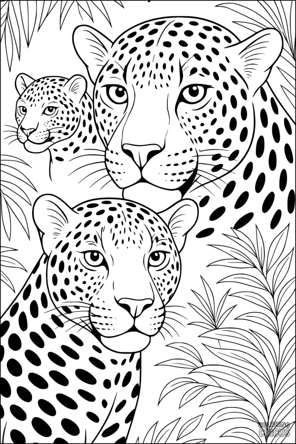 Coloring page of three jaguars among jungle leaves with detailed spots