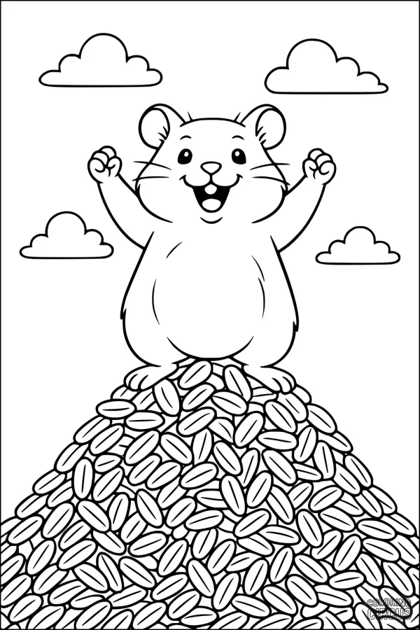 Coloring page featuring a smiling hamster on a big pile of seeds with fluffy clouds in the background