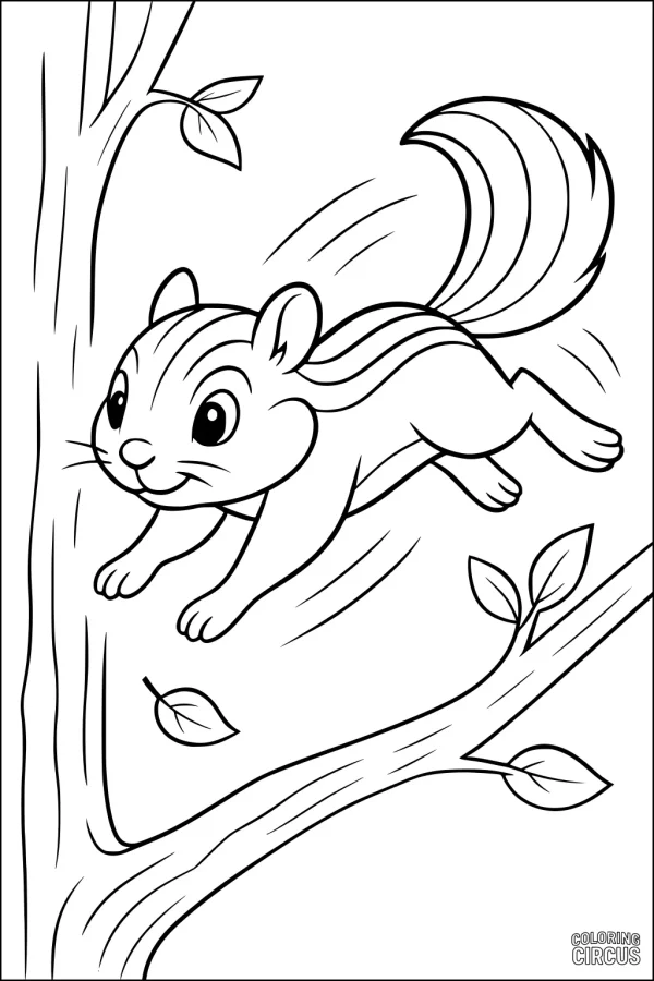 Coloring page of a chipmunk jumping between tree branches in a forest