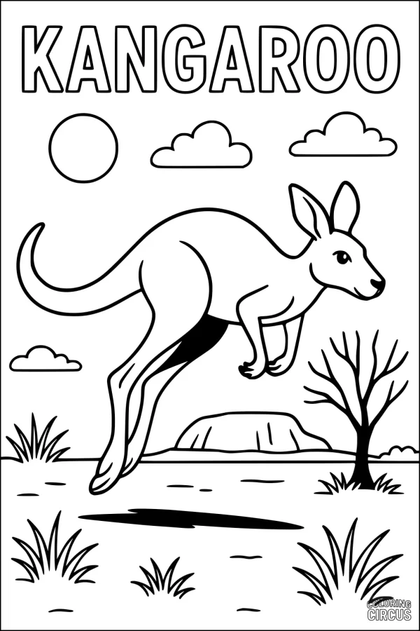 Coloring page of a kangaroo jumping in the Australian outback with sun, clouds, tree, and grass.