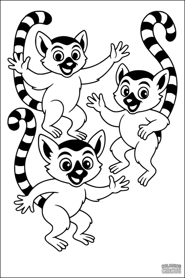 Coloring page showing three cartoon lemurs with striped tails jumping and waving