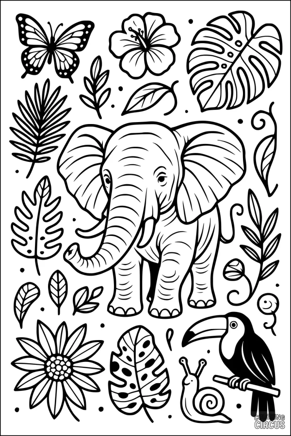 Coloring page with elephant, tropical leaves, butterfly, toucan, flowers, and snail in a jungle scene
