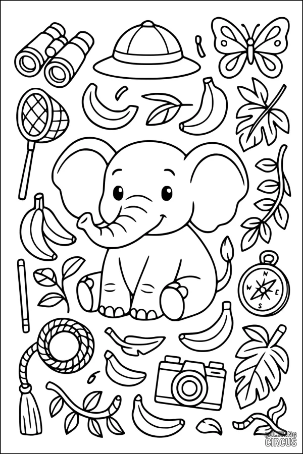 Coloring page featuring a cute cartoon elephant surrounded by safari gear, bananas, leaves, and jungle accessories
