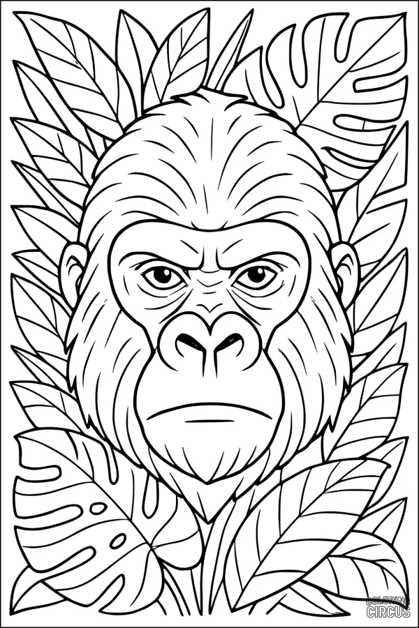 Coloring page featuring a gorilla's face surrounded by detailed jungle leaves