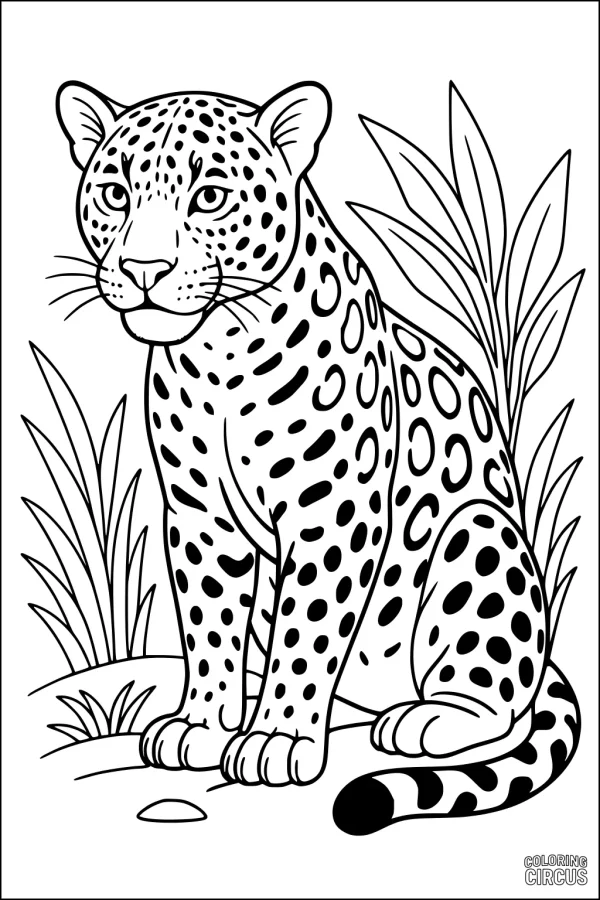 Coloring page of a jaguar sitting in jungle plants, with detailed spots and background leaves