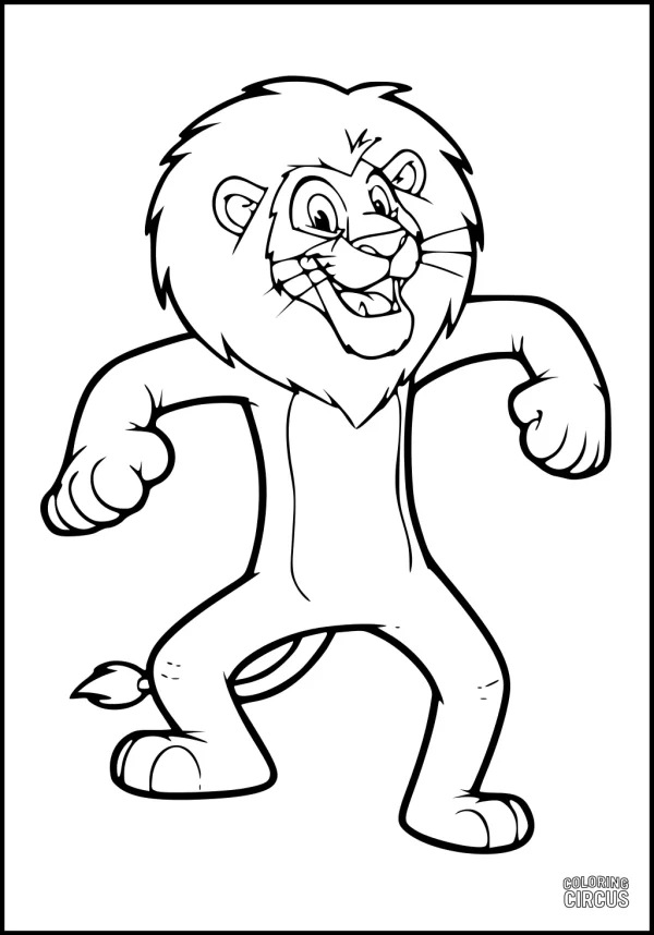 Coloring page of a cute, cartoon lion standing upright with a fluffy mane and friendly expression