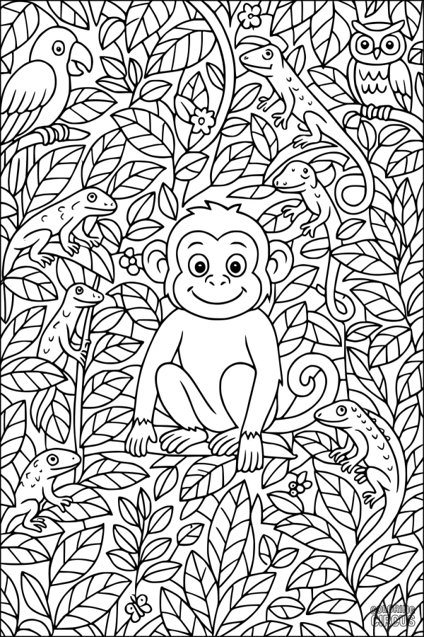 Coloring page featuring a smiling monkey, lizards, owl, parrot, flowers, and leaves in a vibrant jungle scene