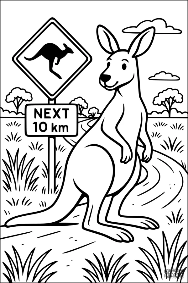 Coloring page with a smiling kangaroo by a roadside sign and grassy countryside.