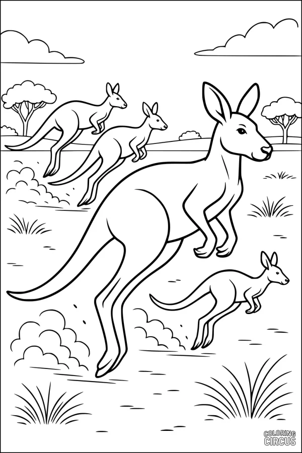 Coloring page showing four kangaroos hopping across the grassy Australian outback with clouds and trees in the background