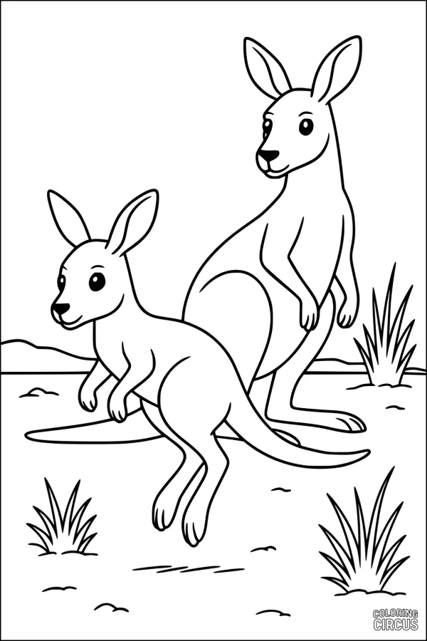 Coloring page with two friendly kangaroos in grassy landscape