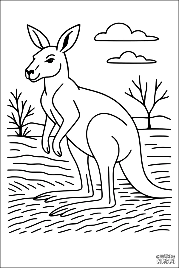 Coloring page of a kangaroo standing in an open grassland with trees and clouds in the background