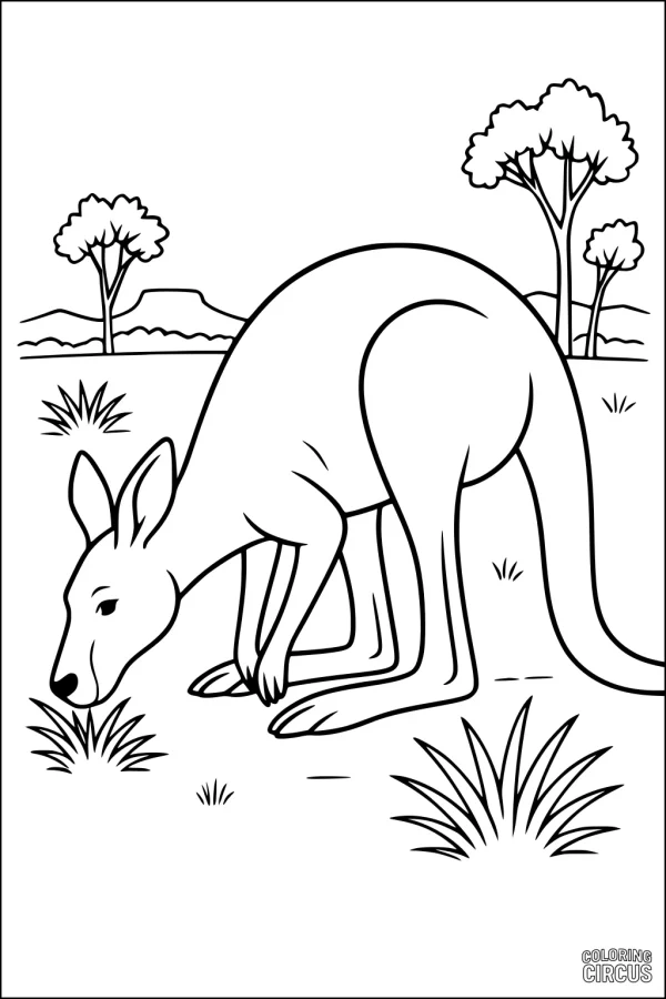 Coloring page with a kangaroo eating grass on an open field with trees and hills in the background