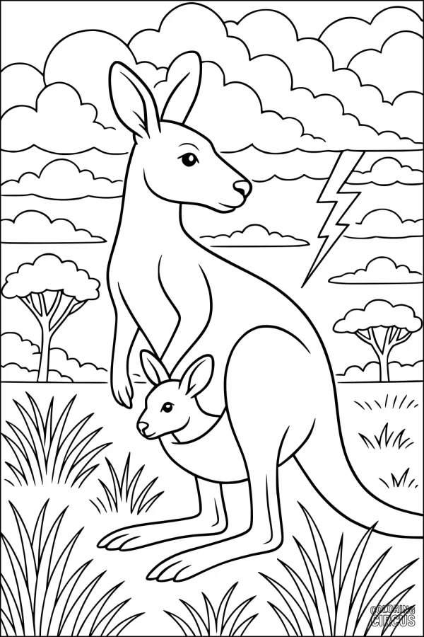 Coloring page featuring a mother kangaroo with her joey in a pouch, grassy field, storm clouds, and a lightning bolt in the background