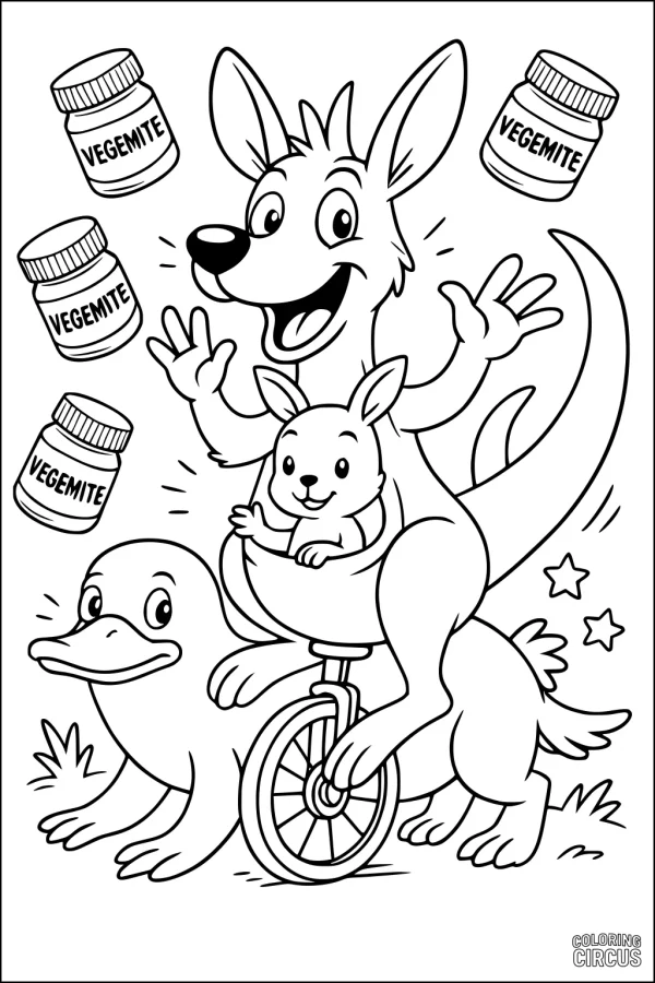 Coloring page featuring a cheerful cartoon kangaroo with a joey riding a unicycle, surrounded by vegemite jars and a platypus