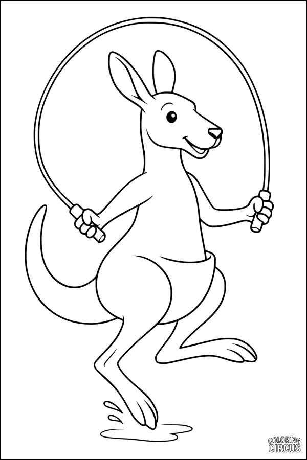 Coloring page showing a cute kangaroo happily skipping rope