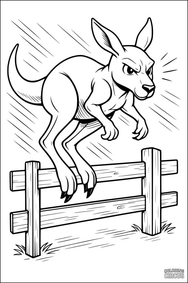 Coloring page showing a kangaroo jumping over a wooden fence