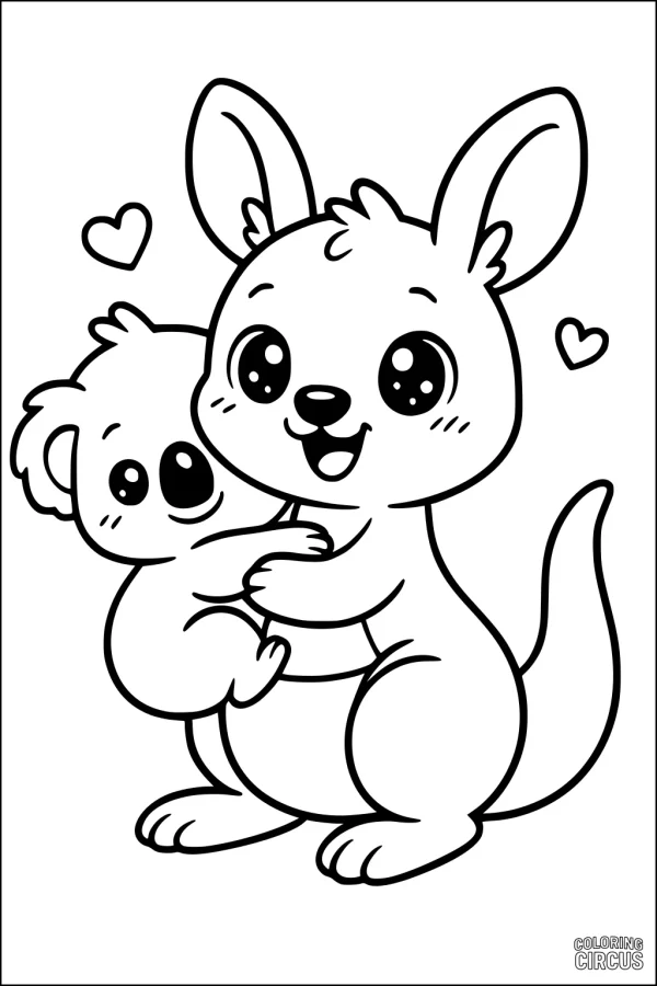 Coloring page of a cute kangaroo hugging a smiling koala with hearts around them