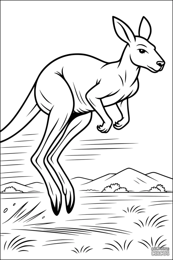 Coloring page features a kangaroo jumping on grassy plains with hills in the background
