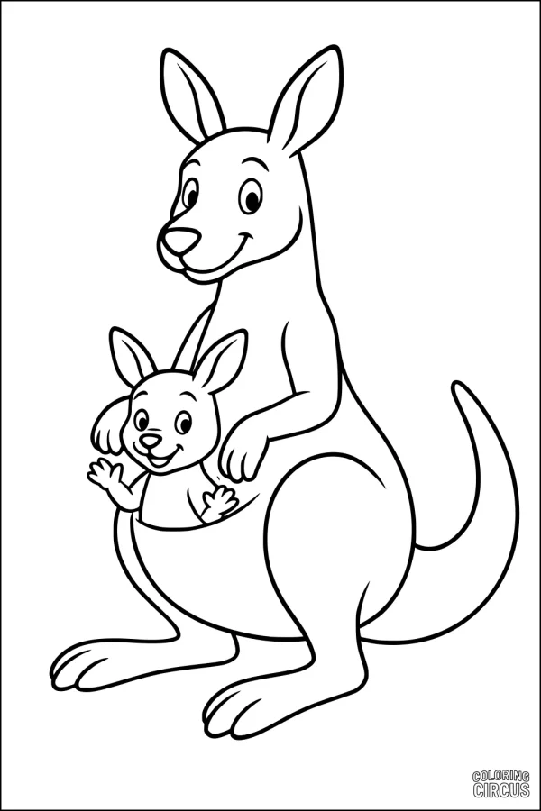Coloring page featuring a happy kangaroo with a smiling joey in her pouch