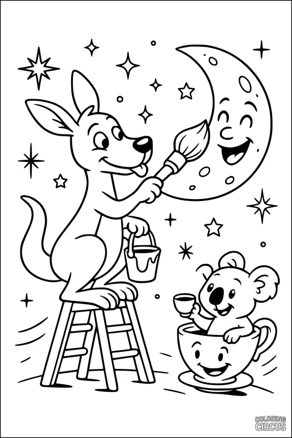 Coloring page with a cartoon kangaroo painting a smiling moon and a koala in a teacup surrounded by stars