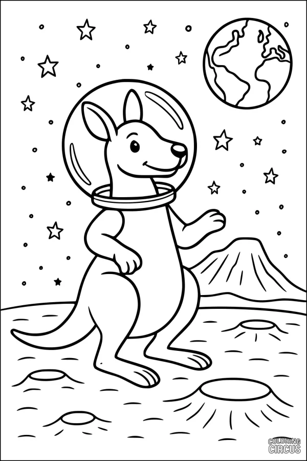Coloring page of a cartoon kangaroo in a spacesuit on the moon with Earth and stars