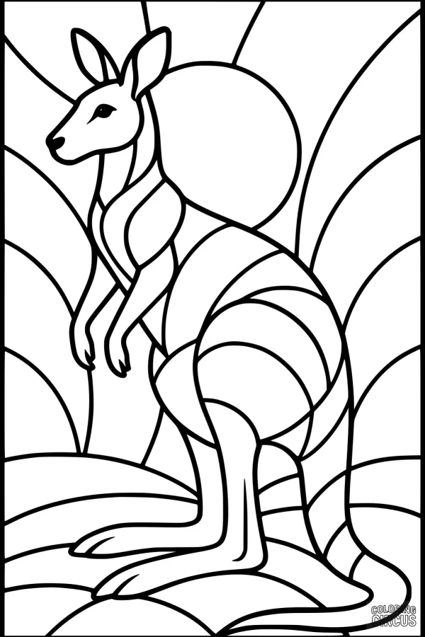 Coloring page featuring a kangaroo standing in a stylized landscape with sun and hills, suitable for kids.