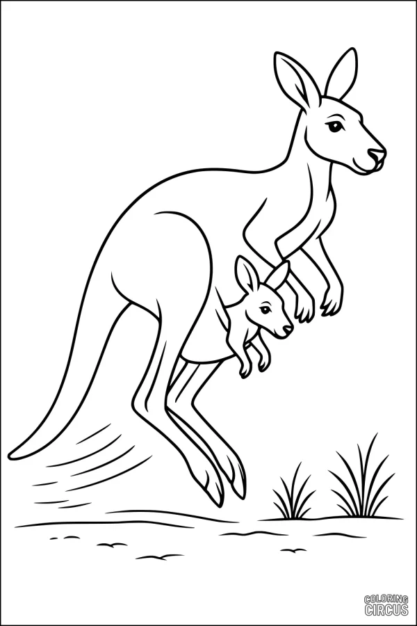 Coloring page showing a mother kangaroo hopping with a joey in her pouch in the outback