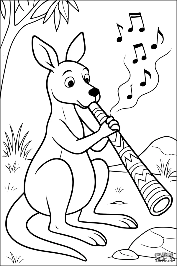 Coloring page of a kangaroo playing a didgeridoo under a tree with musical notes in the air