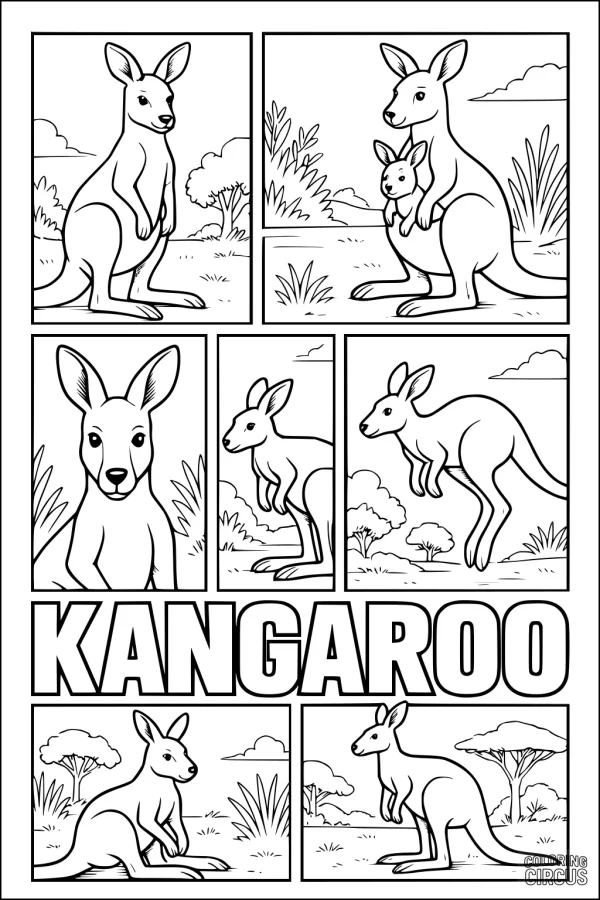Coloring page showing kangaroos in grassy outback landscapes with joey