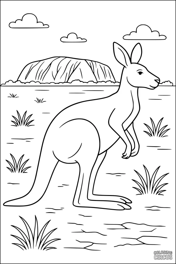 Coloring page featuring a kangaroo in the Australian outback with grassy fields and a large rocky hill in the background.