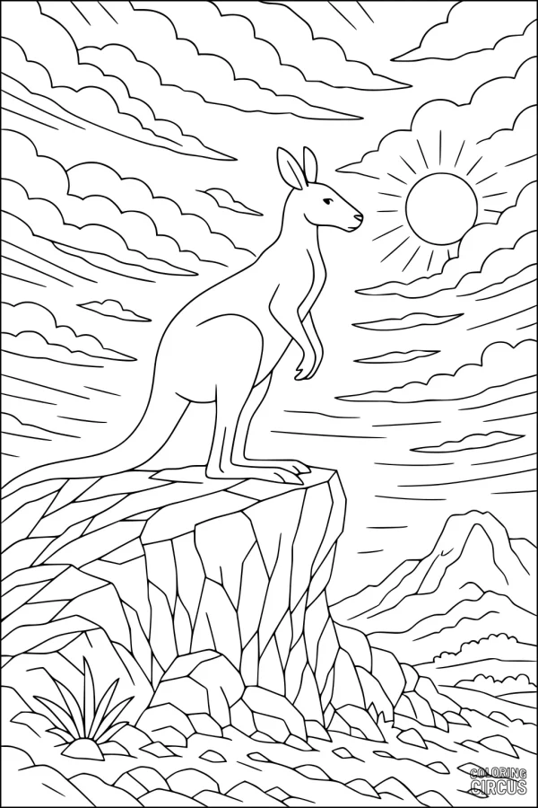 Coloring page featuring a kangaroo standing on a rocky ledge overlooking the Australian outback landscape, with clouds and a sun in the sky.