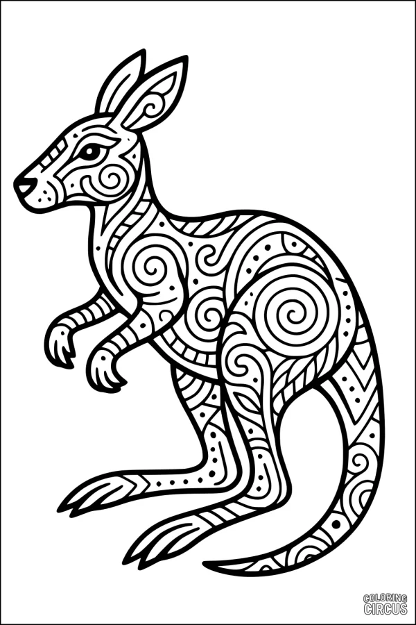 Coloring page featuring a kangaroo with intricate swirls, spirals, and patterned designs