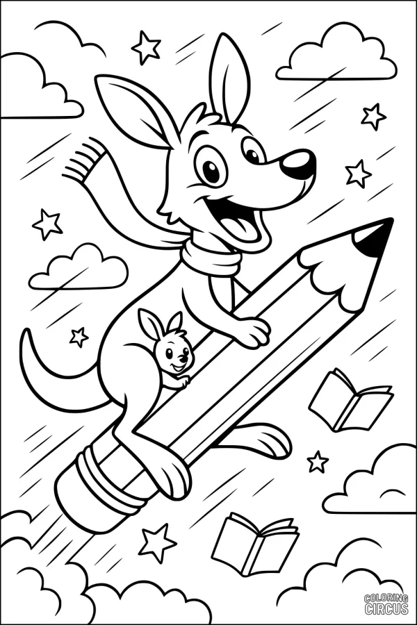 Coloring page featuring a cartoon kangaroo and joey riding a pencil through the sky with books, clouds, and stars