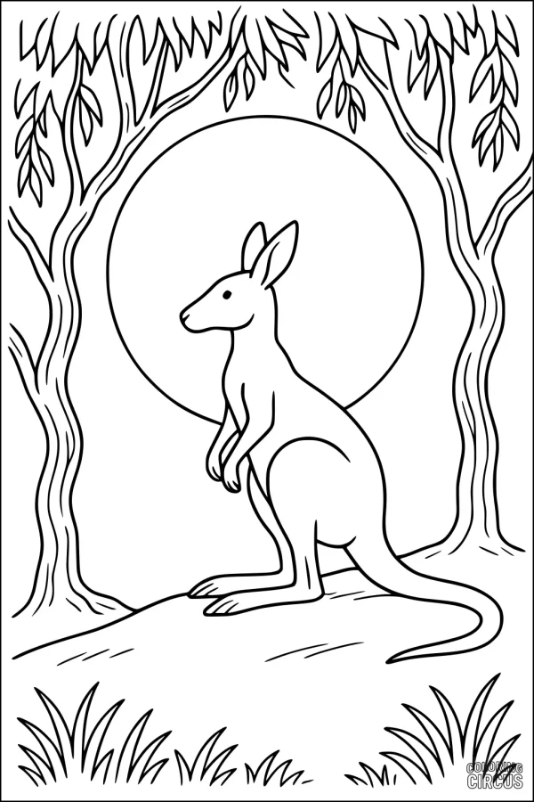 Coloring page featuring a kangaroo standing on a hill between trees with the sun in the background