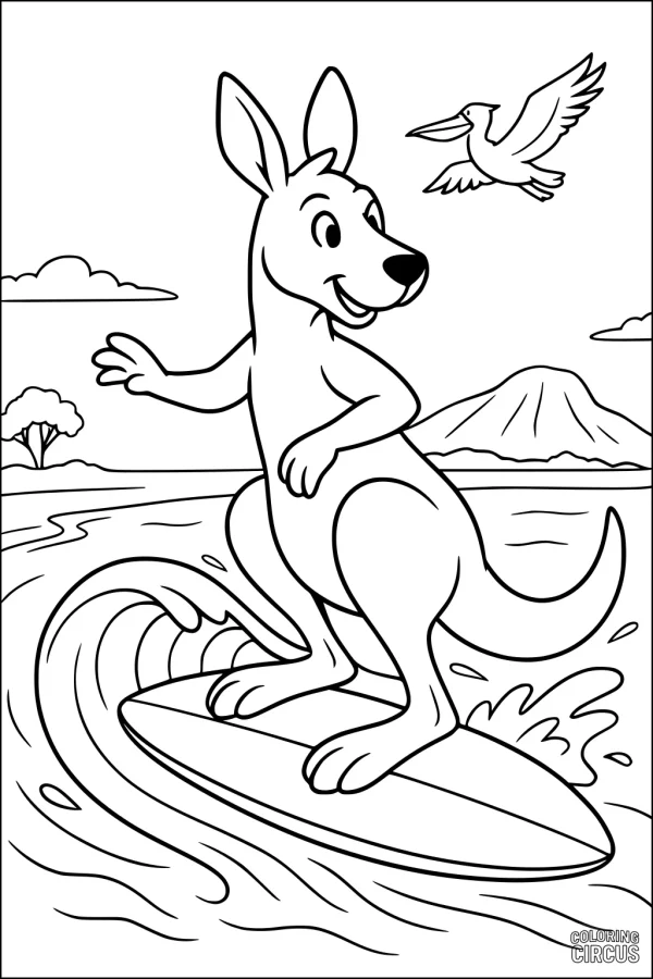 Coloring page of a kangaroo surfing on a wave with a bird flying and mountains in the background