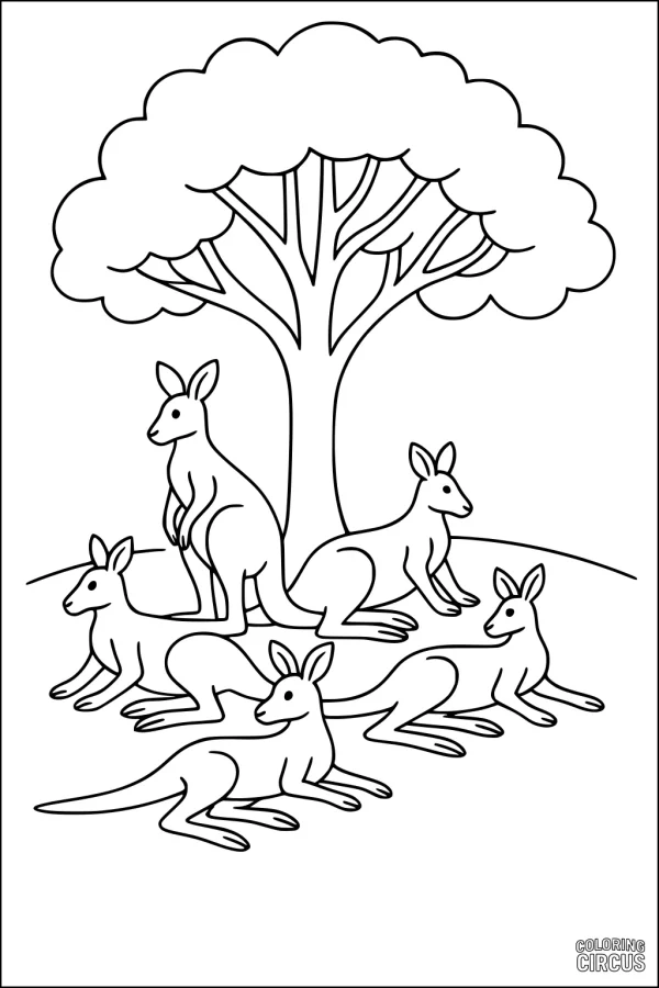 Coloring page showing five kangaroos relaxing beneath a large tree on a hillside