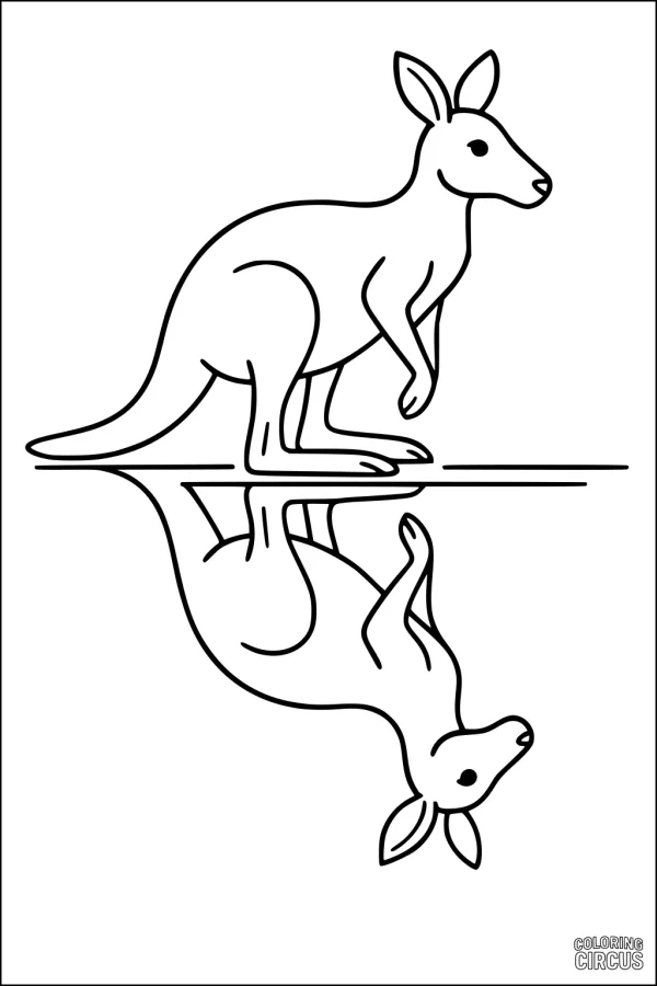 Coloring page of a simple kangaroo with a water reflection, for kids